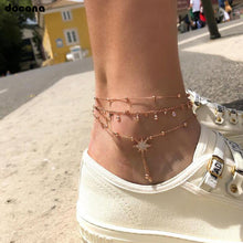 Load image into Gallery viewer, docona Beach Gold Color Water Drops Crystal Star Bell Layered Anklets for Women Girl Chains Pendant Anklet Foot Jewelry 7118