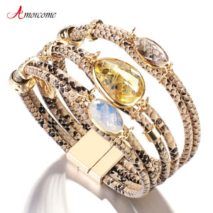 Amorcome Charm Snake Skin Genuine Leather Bracelets for Women 2020 Trendy Crystal Wide Multilayer Wrap Bracelet Female Jewelry