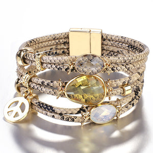 Amorcome Charm Snake Skin Genuine Leather Bracelets for Women 2020 Trendy Crystal Wide Multilayer Wrap Bracelet Female Jewelry