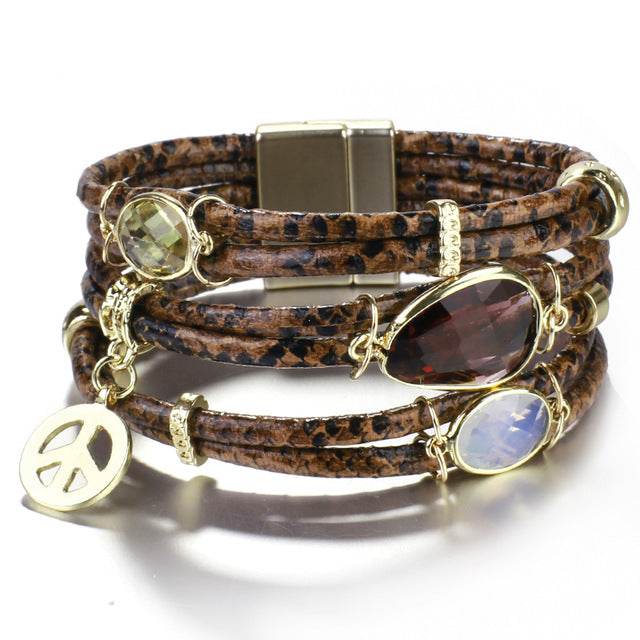 Amorcome Charm Snake Skin Genuine Leather Bracelets for Women 2020 Trendy Crystal Wide Multilayer Wrap Bracelet Female Jewelry